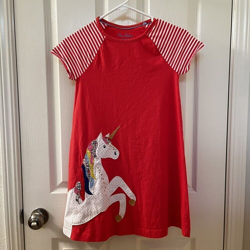 Mini Boden Coral Applique Unicorn Dress Cotton Girls Size 9-10